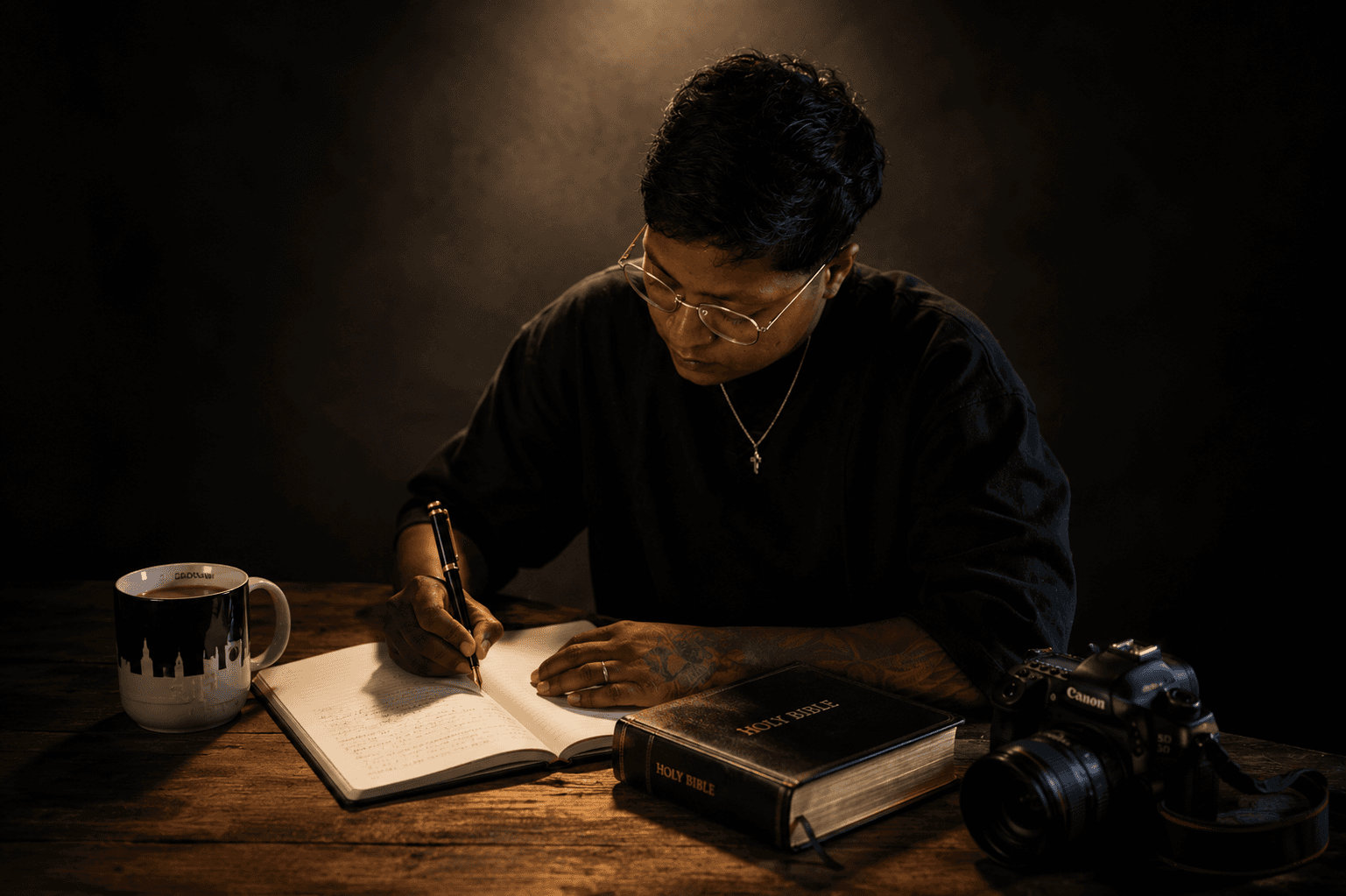 Kai writing at a desk beside a Bible and camera