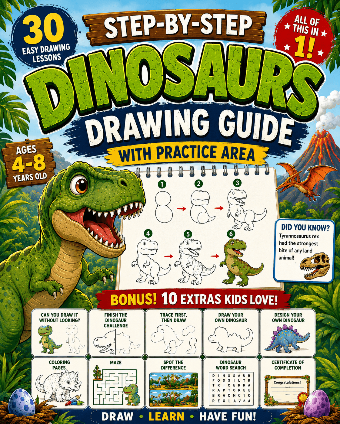 Front cover of 30 Step-By-Step Dinosaurs Drawing Guide